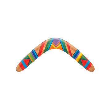 Colorful wooden boomerang with vibrant geometric patterns on a clean white background