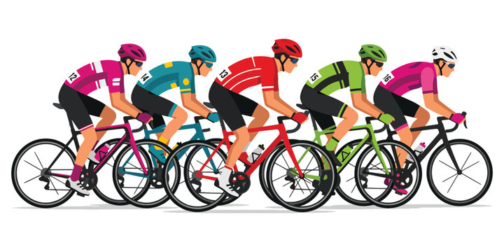 Professional road cyclists group racing in peloton during competitive marathon bicycle sports event.