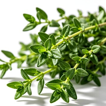 Close up of fresh green thyme herb sprigs isolated on white background