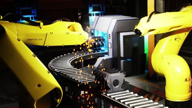 Two robotic arms are assembling parts on a conveyor belt in a factory during the day. Sparks fly as the machines operate on an engine block. The environment is busy with activity.
