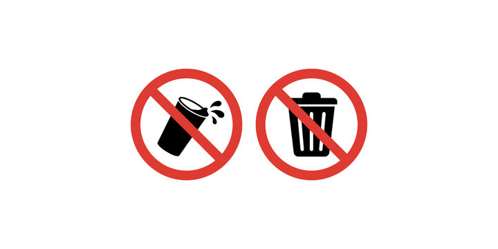 Two red no symbols with black icons depicting no drinks and no trash, for prohibition signage.