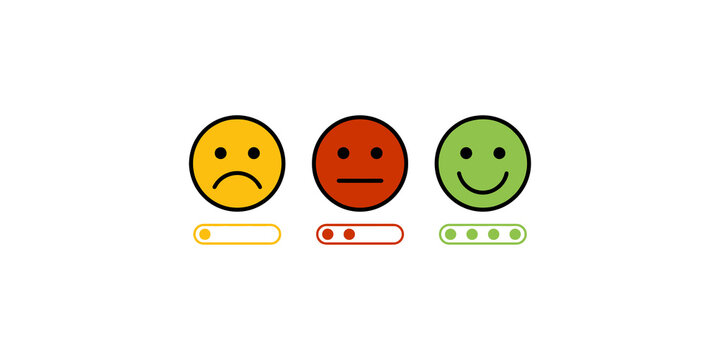 Three expressive emoticon faces showing sad neutral and happy emotions with corresponding progress bar indicators for feedback.