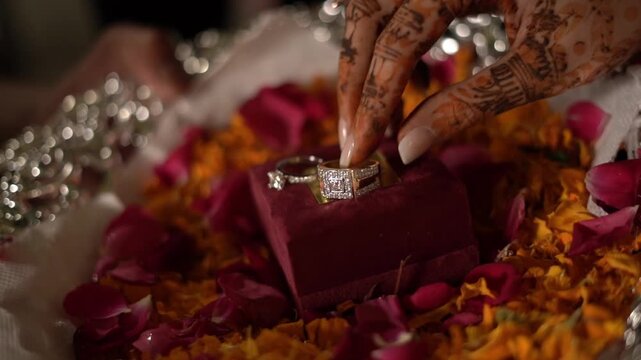 Diamond wedding rings on red velvet box with flower petals