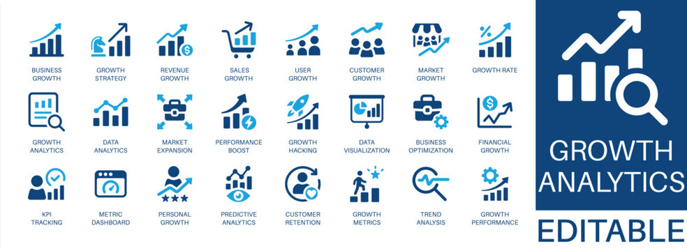 Growth analytics and data analytics solid icon set. Featuring business growth, market expansion, growth strategy, revenue growth, and kpi tracking. Editable vector glyphs for management and sales.