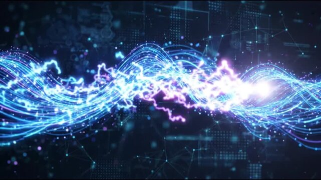 Abstract Blue Glowing Digital Wave with High-Speed Data Network and Electrical Energy Burst Loop Background