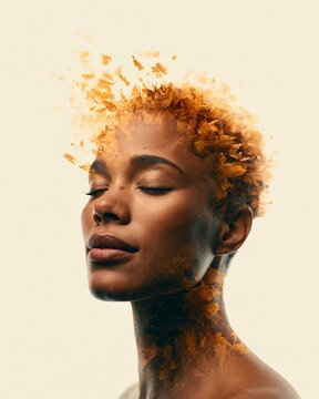 Double Exposure Portrait Young Woman Autumn Leaves