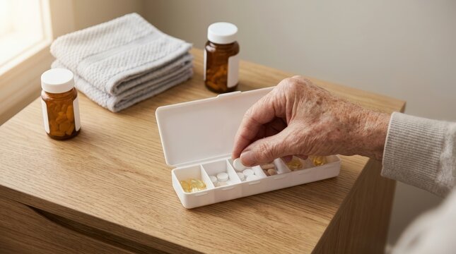 Senior hand organizing pills in white pill box on bedside table