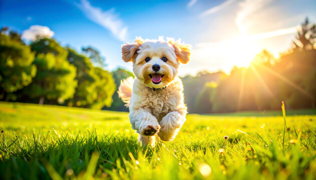 S&uuml;&szlig;er Maltipoo l&auml;uft fr&ouml;hlich &uuml;ber eine gr&uuml;ne Wiese im Park an einem sonnigen Tag