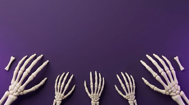 Skeleton hands reaching upward from bottom edge on dark purple background surface.