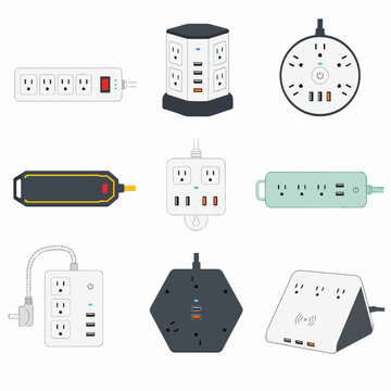 An illustration of various modern power strip and surge protector designs.