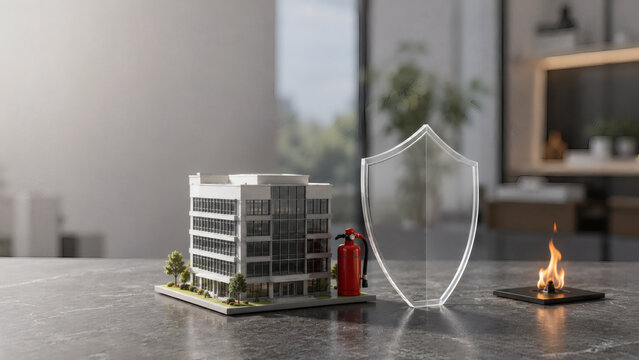 Miniature commercial office building model with fire extinguisher protected by glass shield from open flame representing real estate fire insurance and property safety concept