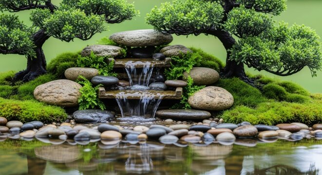 Miniature zen garden with waterfall and bonsai trees