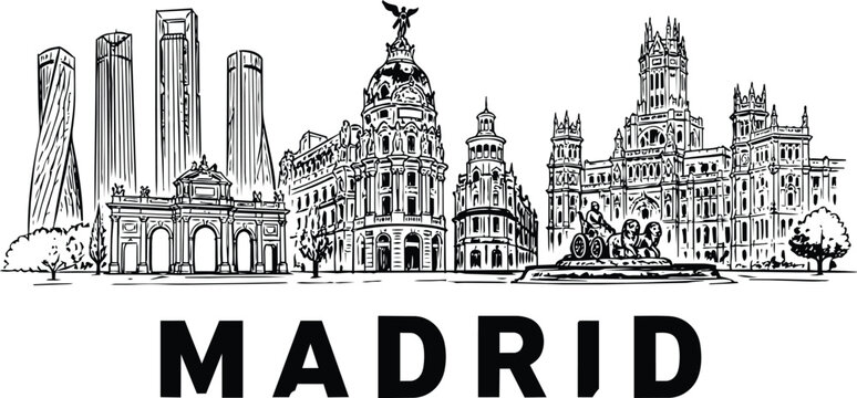 Madrid city skyline hand drawn black and white sketch of Spanish landmarks Cibeles Palace, Puerta de Alcala, Metropolis Building, and Cuatro Torres towers