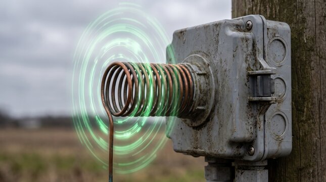 Conceptual close up of a LoRa radio antenna emitting glowing green radio waves