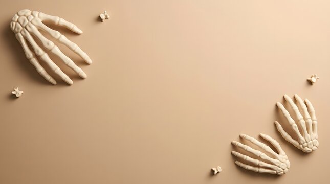 Two skeleton hands in opposite corners with bone fragments on a light brown background.