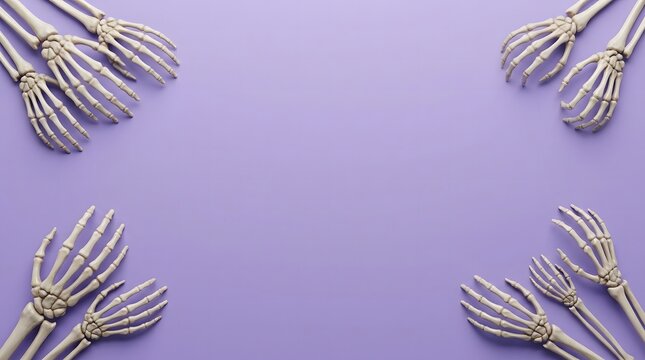 Skeleton hands and arms arranged in corners on a vibrant purple background for halloween.