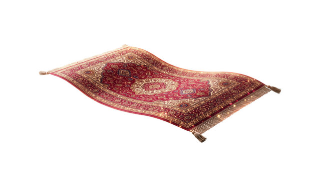 Vintage Persian magic carpet with red oriental patterns, flying antique rug with tassels, mystical middle eastern tapestry isolated PNG with Transparent Background