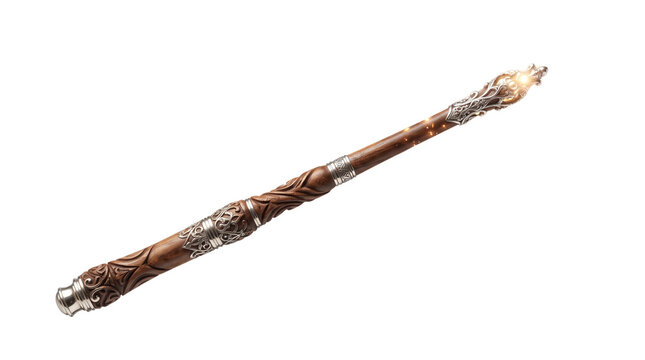 Ornate fantasy magic wand with wood texture and silver filigree. Intricate wizard staff for cosplay and gaming. Mystical sorcerer tool. isolated PNG with Transparent Background
