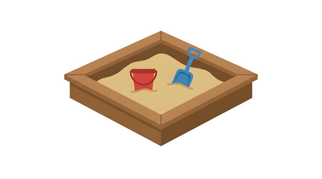 Wooden sandbox filled with sand, featuring a red bucket and blue shovel for children's outdoor play.