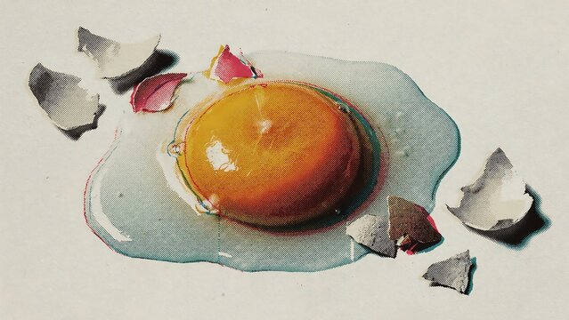 Vintage retro halftone print of a raw cracked egg with yellow yolk and white liquid surrounded by sharp broken shell pieces on textured paper for culinary and artistic.