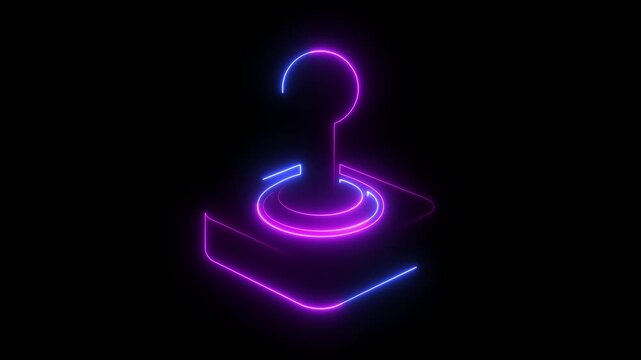 Retro arcade joystick icons with glowing neon purple and blue light effects on black background