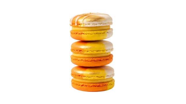 Tall stack of assorted color macarons with gold paint drizzle arranged vertically.