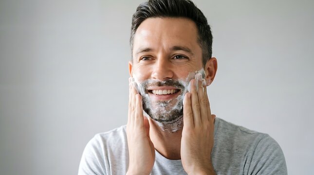 Man shaving with electric razor, close-up of clean facial grooming routine