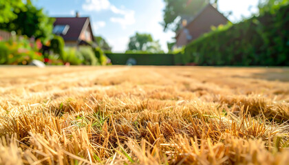 Naklejka premium Vertrockneter brauner Rasen im Garten während einer sommerlichen Dürre