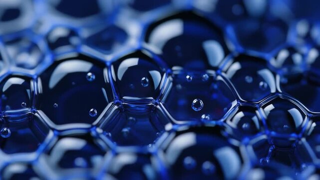 Deep blue bubbles forming hexagonal patterns with macro focus and cinematic lighting