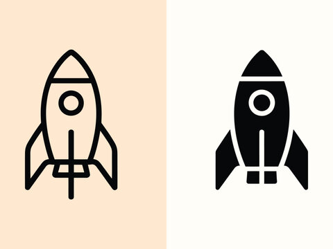 Rocket ship icon set featuring outline and solid styles for space travel design projects