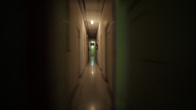 Running away from the darkness through a creepy corridor of a maze or labyrinth pov, it&acute;s a very fast time lapse travelling
