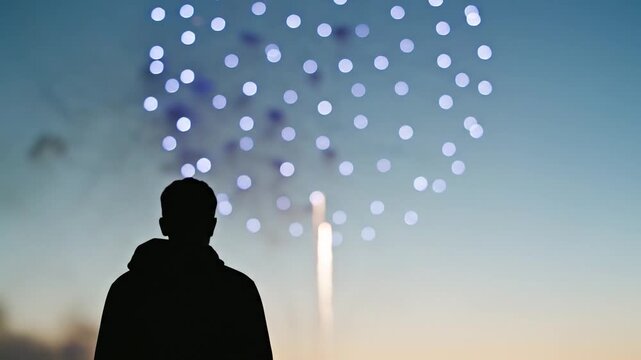 鮮やかな花火の光彩とノスタルジックな夕暮れ空を見つめる青年の後ろ姿
