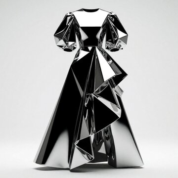 Modern metallic dress design with geometric, angular shapes and voluminous sleeves. This avant-garde fashion piece features a floor-length skirt with dramatic ruffles and a highly reflective surface.
