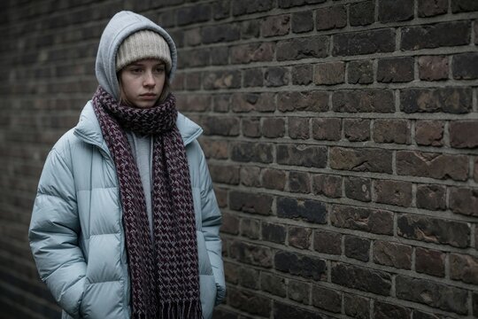 Sad young girl in warm winter clothes stands by brick wall outside. She looks downcast, feeling lonely or thoughtful in urban setting, perhaps waiting for someone.