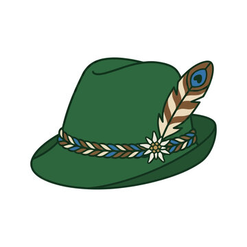 Traditional green Tyrolean hat with feather and edelweiss flower illustration.