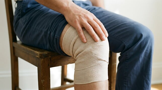 Man applying knee bandage for injury support and stability at home.