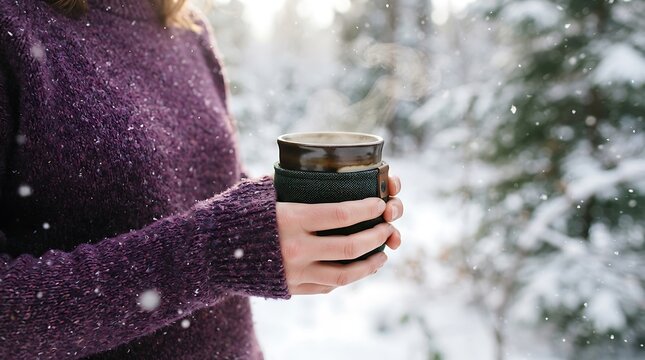 Woman sipping hot drink on snowy winter day, cozy outdoor moment with falling snowflakes.