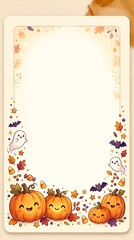 Fototapeta premium Cute Halloween autumn background with smiling pumpkins, ghosts, bats, candy corn and colorful fall leaves, festive vertical copy space