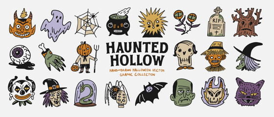 Obraz premium Spooky Vector Halloween Clipart Collection with Ghosts, Black Cats, Pumpkins, Skulls, Bats, Witches and Haunted House Icons, Hand Drawn Vintage Folk Illustration Set for Seasonal Projects