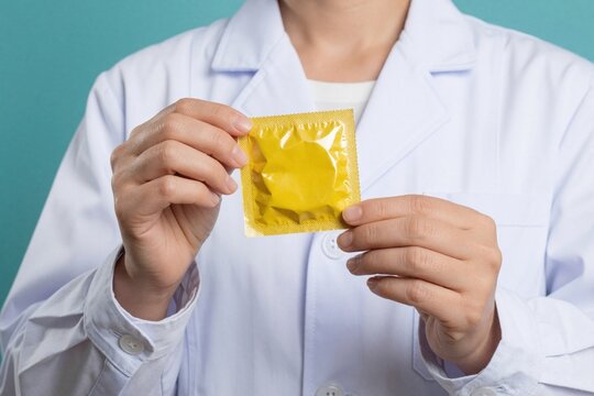 Female doctor in white coat holds yellow condom package. Healthcare professional offers sexual protection advice. Safe sex, contraception, STI prevention message.