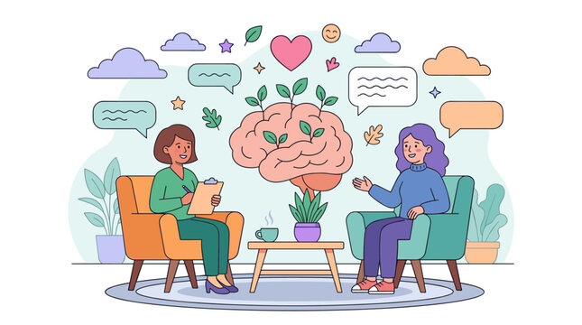 Psychotherapy and mental health counseling vector illustration with psychologist listening to female patient growing brain concept isolated on white background
