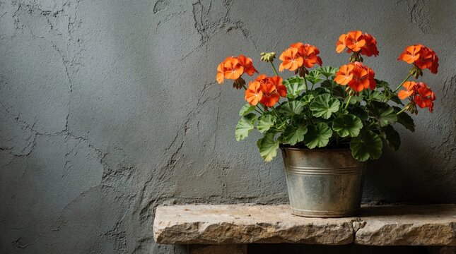 Vibrant orange geranium flowers grow in metal pot on stone ledge. Bright blooming plant sits against textured gray concrete wall. Beautiful garden flora provides natural decor for home exterior