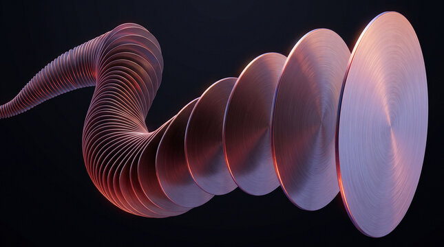 Abstract 3d render of a series of metallic circular discs arranged in a flowing, spiral wave pattern against a dark background