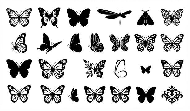 Butterfly Silhouette Black Doodle Insect Vector Icon Collection