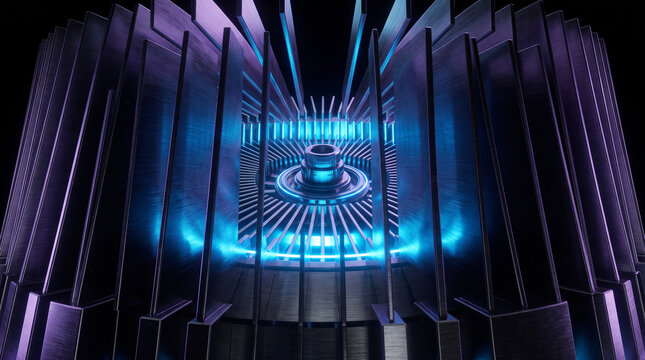 Abstract futuristic machine core with glowing blue neon lights and metallic radial fins in a dark industrial environment