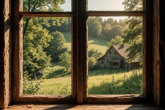 Rustic wooden window frames a sunny hillside with a small house and green trees. Nature scenery provides peaceful, country vibes. View from indoors.