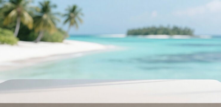 White Table Top with Blurred Tropical Beach Background for Product Display