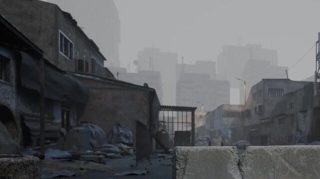 A view of a city street filled with debris and abandoned buildings. The skyline is hazy, and the atmosphere suggests neglect. The scene shows urban disrepair and emptiness.