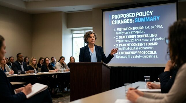 Hospital policy meeting facilitator presenting a slide summarizing proposed changes, hospital policy meeting concept