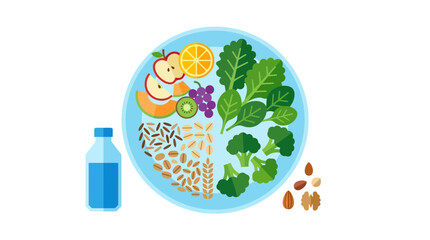 Fototapeta premium Healthy Food Plate Illustration with Fruits Vegetables Grains and Water